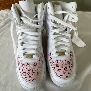 Nike Custom White and Pink Air Force 1 Athletic High Top Shoes